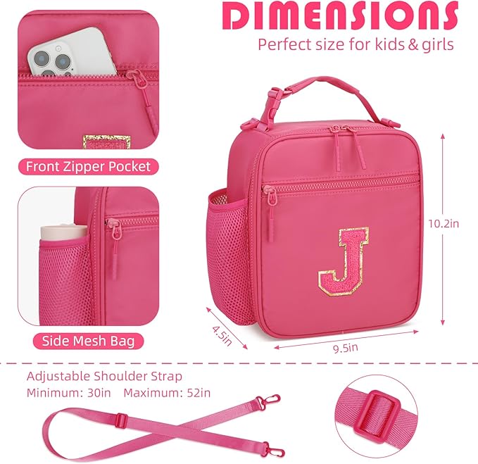 Initial Insulated Lunch Bag for Girls Kids, Back to School Gift, Reusable Leak-proof Lunch Box with Adjustable Strap for School Daycare Travel Picnic (Rosy Red,J)