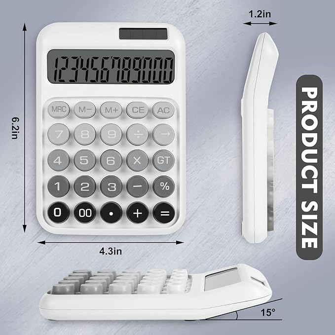 Mechanical Switch Calculator with Big Buttons, Calculators Desktop, 12 Digits, Solar Battery Power, Desk Calculator, Large LCD Display,Cute White Calculators for Teachers Students Basic Office