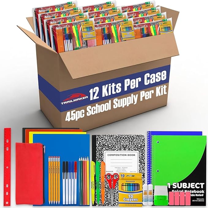 Trail maker Bulk Elementary School Supply Kits, 12 Packs of 45 Piece Wholesale School Supplies for Kids Includes Folders Notebooks Pencils Pens and Much More!