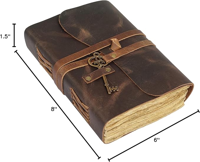 Leather Journal with Deckle Edge Paper 8x6 inch and Vintage Key | Handmade Writing Notebook Diary | Bound Daily Notepad for Men & Women Medium, Sketch/Writing pad for Artists