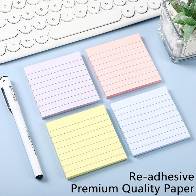 AmazingSpark 12 Pack Pastel Lined Sticky Notes 3x3 Inch Post Ruled Stickies Super Self Stick Power Memo Pads Multi Colors Notes Pads Vintage Aesthetic School Office Supplies Accessories