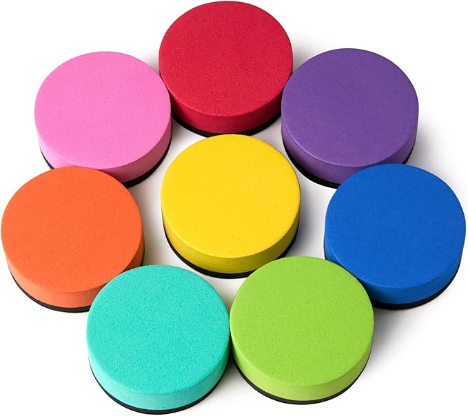 Favide 24 Pack Magnetic Whiteboard Dry Erase Erasers Chalkboard Cleansers for Classroom, Home and Office (Round, 8 Color)