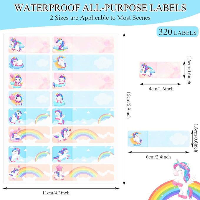 Waterproof Name Labels for Kids Daycare 320 Pcs, Unicorn | Self Adhesive Baby Water Bottle Stickers for School Supplies, Self Laminating, School Name Stickers for Lunch Boxes