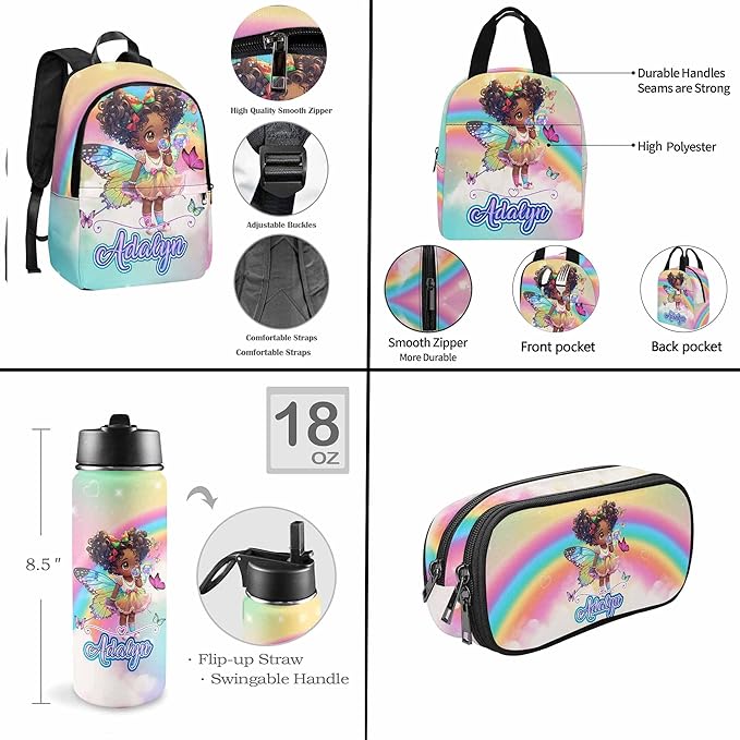 M YESCUSTOM Custom Girls Backpack Personalized School Bookbag with Lunch Bag Kids Backpacks for Boys Elementary Preschool Cute Book Bag Daypack Travel Bag Water Bottle