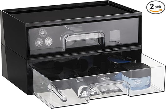 Vtopmart 2 Pack Clear Stackable Storage Drawers, 12.1''W Plastic Organizers Bins for Office Supplies, Ideal for Desk Organization, Black