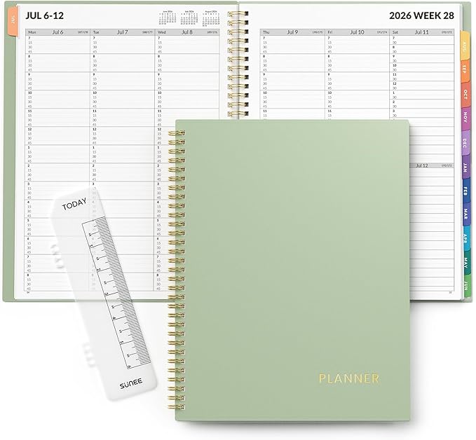 SUNEE 2026-2027 Appointment Book, Quarter-Hourly, Weekly & Monthly - from July 2026 to June 2027, 8.5"x11" Academic Planner, Flexible Cover, Note Pages, Bookmark, Spiral Binding, Sage Green