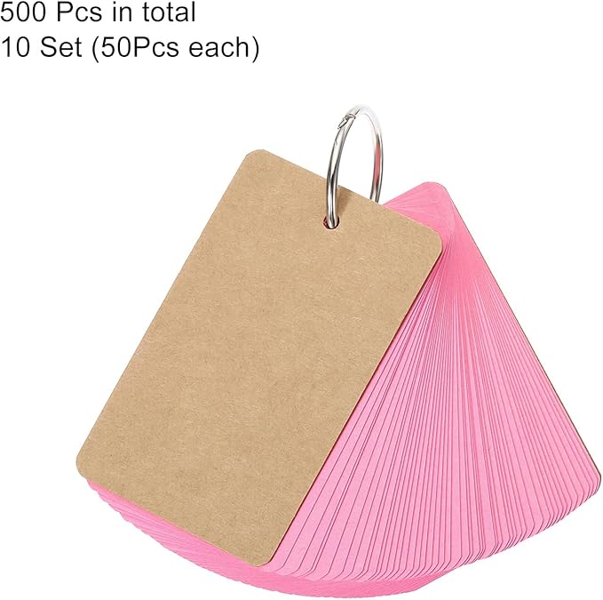 PATIKIL Blank Index Cards with Ring, 500Pcs Colored Blank Flash Card 3.5" x 2" Note Card Study Card for Memory Learning Studying Office Supplies, Pink
