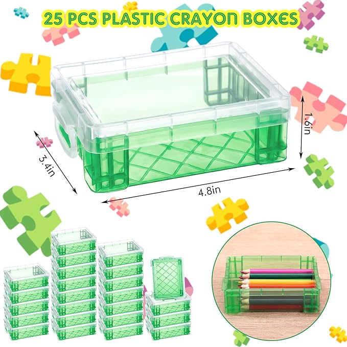 Suzile 25 Pcs Plastic Crayon Boxes with Snap Lids Crayon Storage Organizer Stackable Container Bulk Pencil Case for Pen Crafts Classroom Supplies (Dark Green)