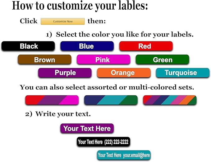30 Long Personalized Waterproof Name-Labels. Press and Stick Multi-Use Custom ID Stickers. Customized Your Text and Color. Permanent Self-Adhesive Identification Labels.