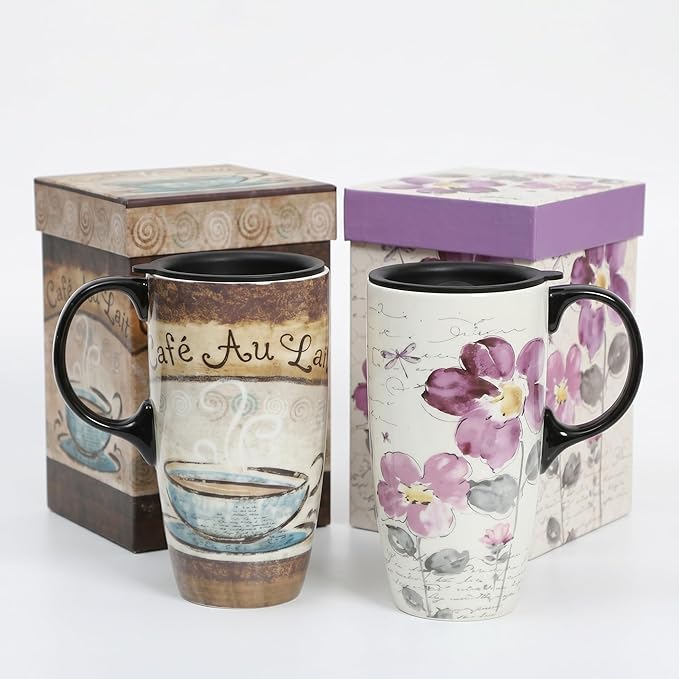 Topadorn 2-Pack 17oz Ceramic Travel Coffee Mugs with Lids & Handles, Floral Vintage Coffee Cups, Microwave & Dishwasher Safe, Gift Box Set