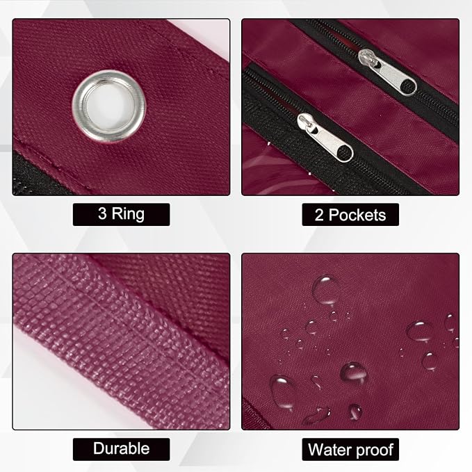 YoeeJob 2 Pack Expandable Pencil Pouches for 3 Ring Binders, Wine-red | 1-inch expansion, 2 clear PVC pockets, 3 holes, large-capacity storage for school and office supplies.