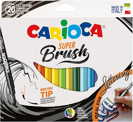 CARIOCA Brush Washable Markers – 20 Assorted Colors, Flexible Brush Tip for Calligraphy, Lettering & School Supplies, Long-Lasting, Non-Toxic Ink, Art & School Supplies, Made in Italy