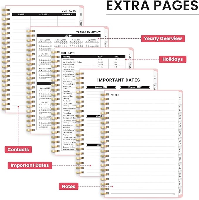 Planner 2026-2027, Hardcover Monthly and Weekly Academic Planner July 2026 - June 2027, Teacher and Student Calendar Agenda Book with Tabs, A5 (6.3" x 8.5"), Ideal for School and Office, Ribbon Wreath