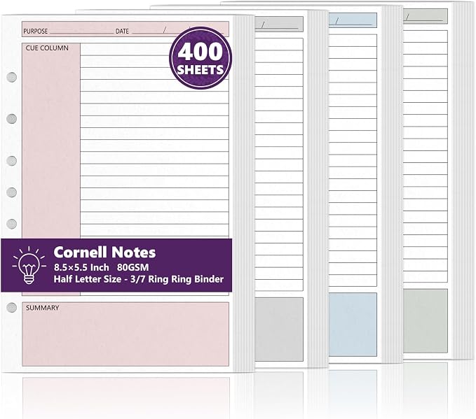 400 Sheet 7-Hole 5.5" x 8.5" Lined Filler Paper for 3 or 7 Ring Binder College Ruled Cornell Notes Loose Leaf Paper for Mini Binders Half Letter Planner Refill Mini Binder Inserts for School Office
