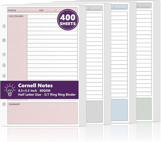 400 Sheet 7-Hole 5.5" x 8.5" Lined Filler Paper for 3 or 7 Ring Binder College Ruled Cornell Notes Loose Leaf Paper for Mini Binders Half Letter Planner Refill Mini Binder Inserts for School Office