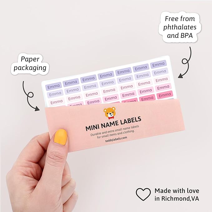 Mini Name Labels (175) - Custom Personalized Name Labels for Labeling Tiny Items, Washer and Dryer-Safe Waterproof Labels for Daycare, Preschool, and School - Orchid