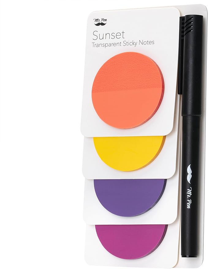 Mr. Pen- Round Transparent Sticky Notes, 1.8”, 4 Pads with Black Fineliner, 200 Sheets, Smooth Writing, Water-Resistant, Clean Removal, Easy-Peel Sticky Notes for Bible Journaling & Planning