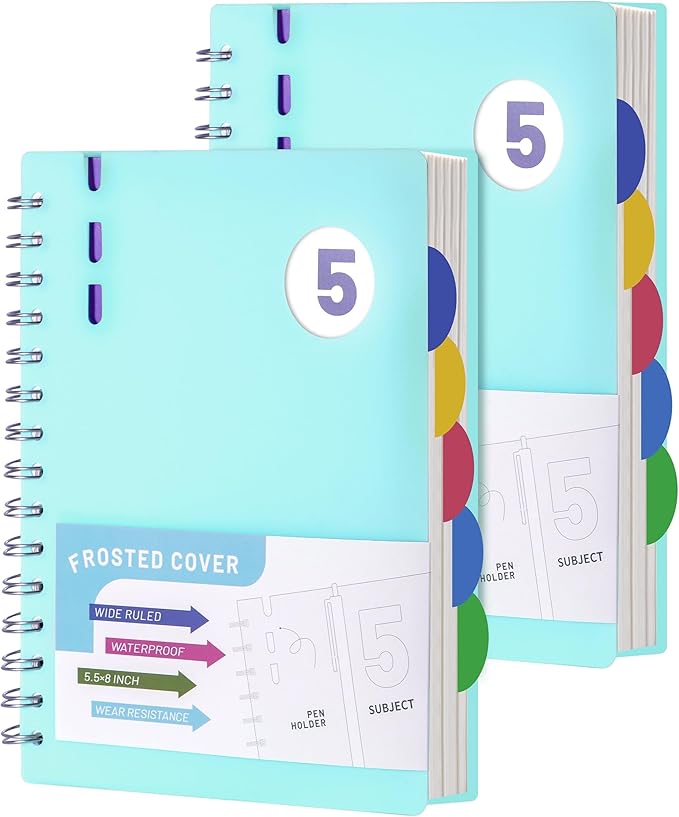 FLYING EAGLE 2 Pcs 5 Subject Notebook Wide Ruled, Small Spiral Notebook 5x7 for Work, 408 Pages Lined Journal with Removable Dividers, Small Notebooks for Work, Teal Blue
