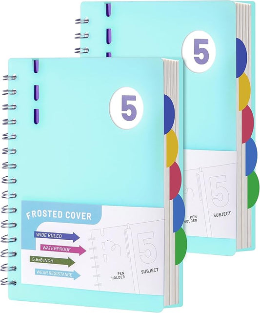 FLYING EAGLE 2 Pcs 5 Subject Notebook Wide Ruled, Small Spiral Notebook 5x7 for Work, 408 Pages Lined Journal with Removable Dividers, Small Notebooks for Work, Teal Blue