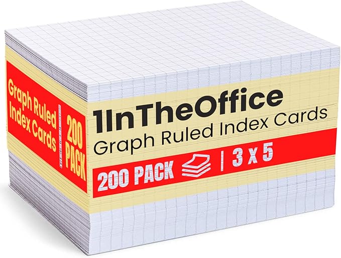 1InTheOffice Index Cards 3x5 Graph Ruled White, Grid Index Cards 200/Pack
