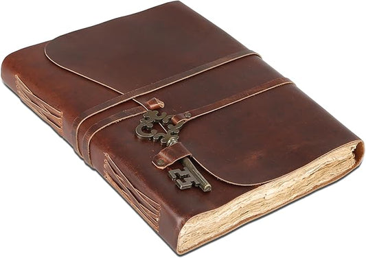 Leather Journal with Deckle Edge Paper 8x6 inch and Vintage Key | Handmade Writing Notebook Diary | Bound Daily Notepad for Men & Women Medium, Sketch/Writing pad for Artists
