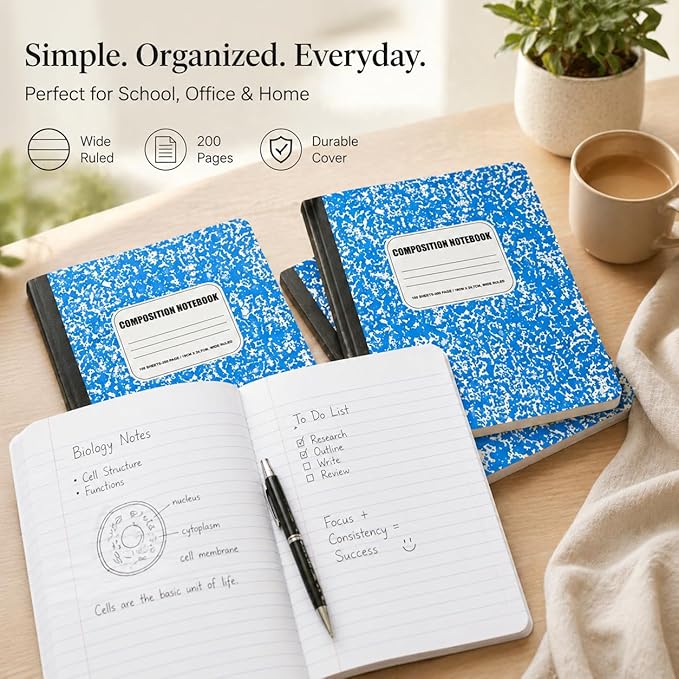 CLEENTABLE Composition Notebook 12 Pack, Wide Ruled Paper, Marble Cover Notebooks for School, 9.75 x 7.5 Inches, 100 Sheets (200 Pages), Sewn Binding Comp Books, Blue