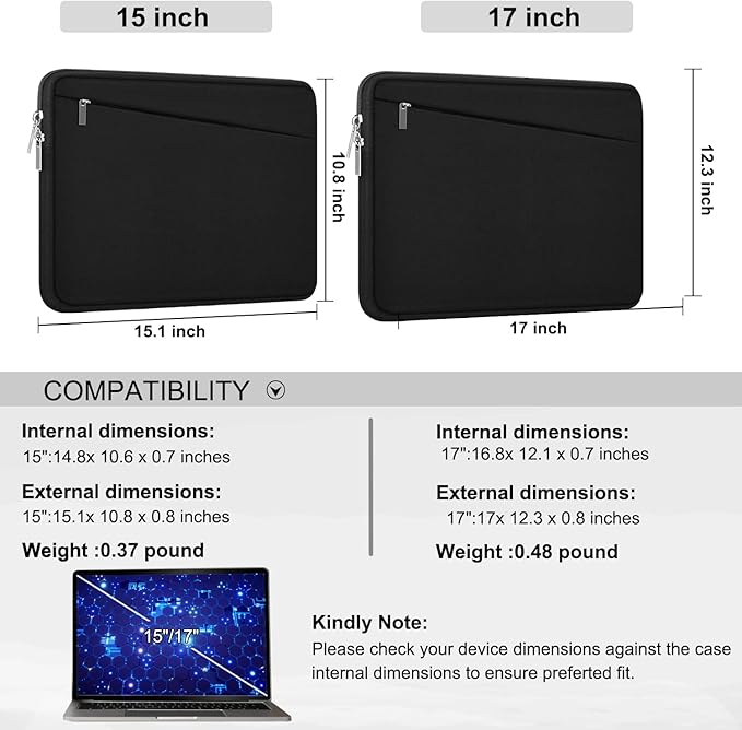 Laptop Sleeve Case 17 inch, Durable Computer Carrying Bag Protective Case Briefcase Handbag with Front Pocket, Slim Laptop Cover for 17-17.3 Inch HP, Dell, Lenovo, Asus, Notebook, Black