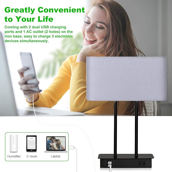 Lakumu Bedside Touch Control Table Lamps with Dual USB Charging Ports 1 AC Outlet, 3 Way Dimmable Modern Nightstand Lamp with Grey Fabric Shade, Desk Lamp for Bedroom Living Room with 5000K LED Bulb