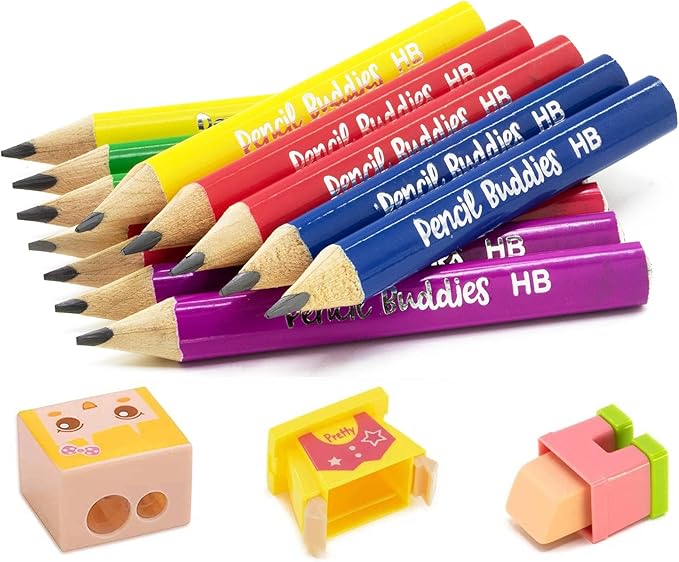 Short Jumbo Pencils for Kids, Preschoolers, Kindergarten, Toddlers & Beginners - 12 Fat #2 Pencils With Triangle Grip, 1 Sharpener & Eraser (Color DIY)