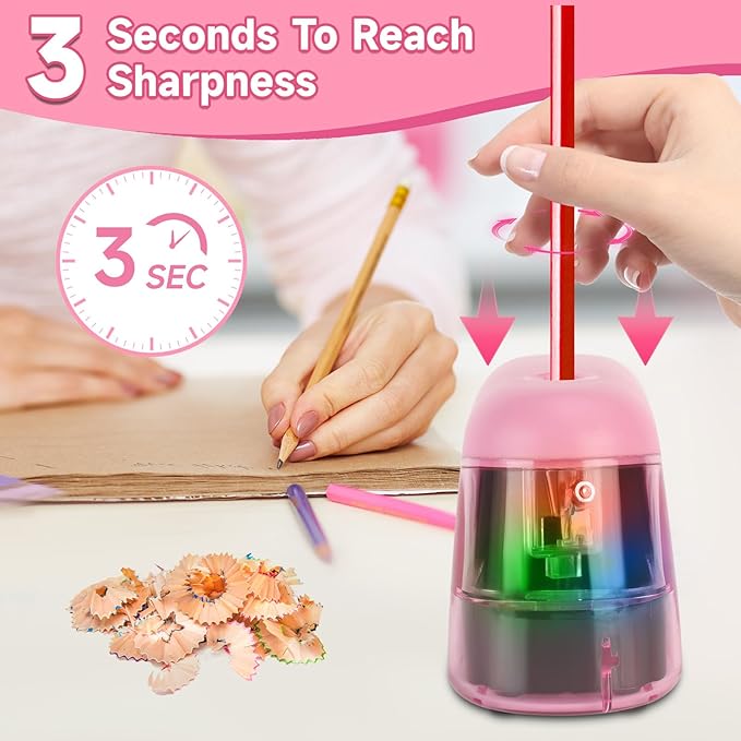 Battery-Operated Electric Pencil Sharpener with LED Light – Compact & Portable Pencil Sharpener for Home, School, or Office Use (Pink)