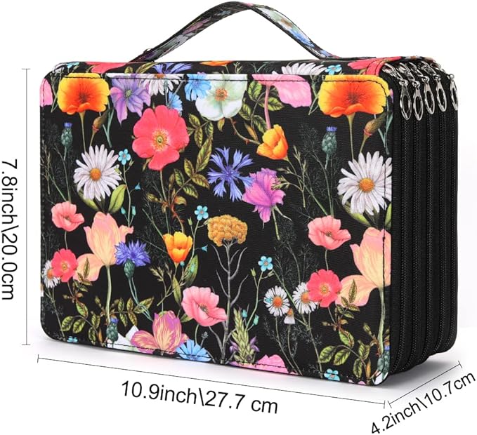 Vomgomfom 252 Slots Pencil Bag, 5-Layer Zipper Art Supply Organizer, PU Leather Portable Colored Pencil Case with Handle for 252 Watercolor Pens, Gel Pens (Black Flower)