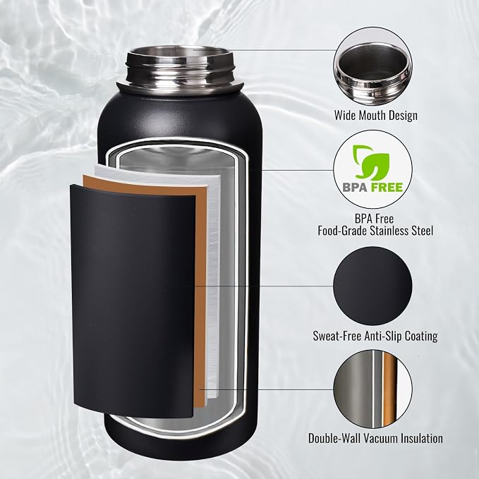 Fijinhom Insulated Water Bottle with Handle, 304 Stainless Steel Water Bottles with Wide Mouth, Double Wall Vacuum Sports Water Bottle, BPA Free, Keep Cold and Hot, 32 Ounces Black