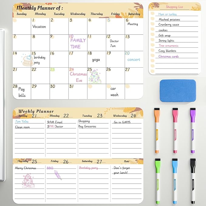 Marsrock Dry Erase Magnetic Calendar for Refrigerator (3 Pack) - Monthly & Weekly & Daily Planner Magnet Whiteboard for Fridge - Shopping, to Do List, Meal/Menu, Planning Board, 14"x11", Yellow
