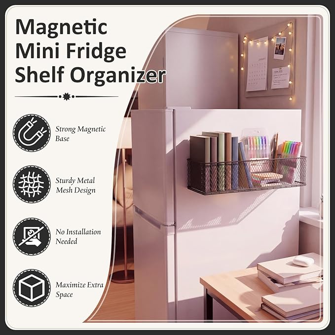 FoldTier 1 Pack Black Magnetic Basket Fridge Organizer, Magnetic Shelf Containers Storage Bin Holder for Kitchen Dorm Locker Refrigerator Classroom Whiteboard Office Table (13.8 x 3.1 x 4.9 Inch)