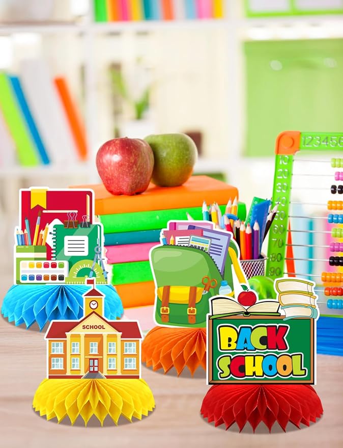 Back to School Table Decorations - 9 Pcs Welcome Back to School centerpieces for tables Bus Stationery Chalkboard Honeycomb Centerpiece Table Toppers for Teachers Students Classroom Supplies