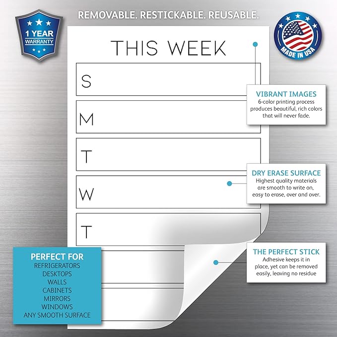 Dry Erase Weekly Calendar Planner Sticker Decal | Removable & Reusable | Magnetic Fine-Tip Marker Included (6 x 9 inches, White)
