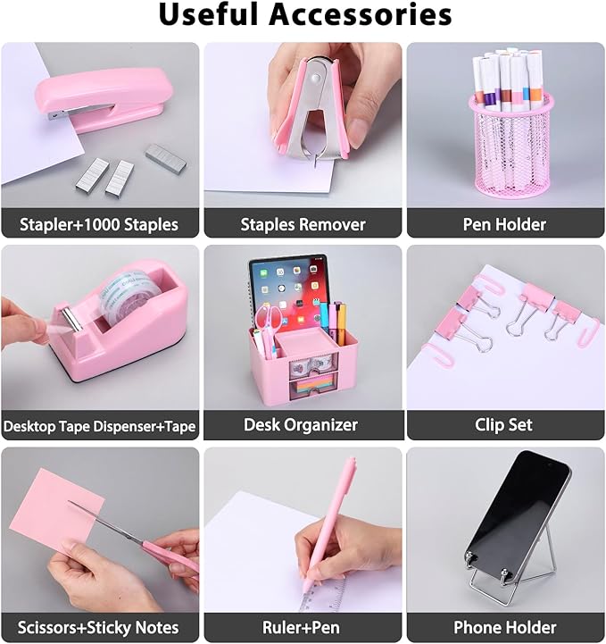Pink Desk Organizers and Accessories 12+1Pcs, Office Supplies for Desk, Pen Organizer with 2 Drawers with Stapler,1000 Staples, Phone Holder, Tape Dispenser, Pen Holder, Sticky Note, Clips, Ruler,Etc