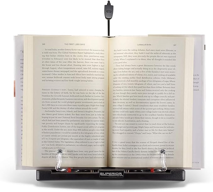 Superior Essentials Book Stand for Reading Hands Free - Recipe Book Cookbook Holder Stand for Kitchen Counter and Page Clips - Ideal for Textbooks, Cookbooks, and Devices