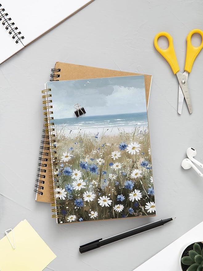 Beach Wildflowers Hardcover Spiral Notebook - Coastal Boho Farmhouse Flowers Nautical Sea Journal for Women, Ocean Themed Gifts for Beach Lovers, White and Blue Daisy Seaside Notebook 5.5x8.3 Inch
