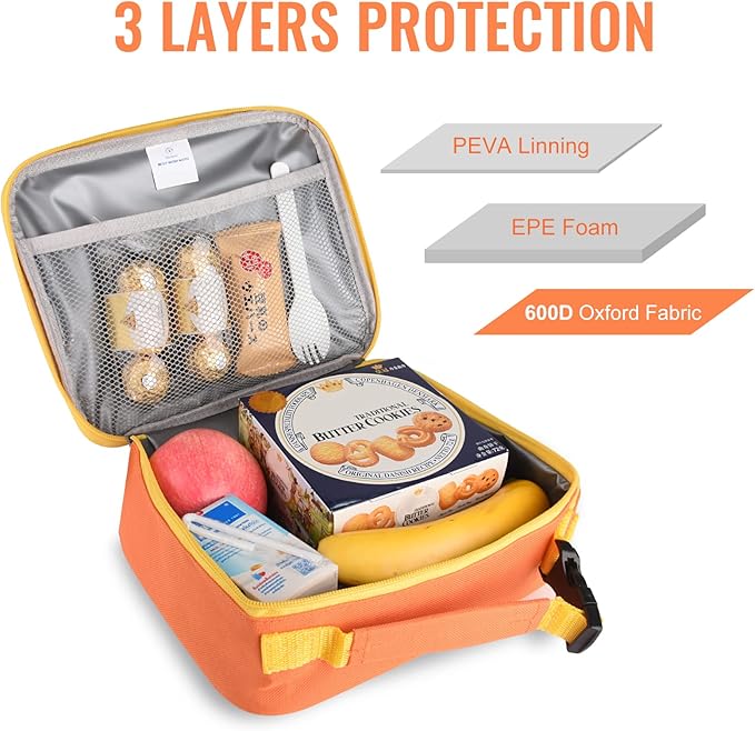 Genteen 2 Packs Insulated Soft Lunch Bag With Double Zipper - Sturdy, Freezable and Reusable for Kids, Men - For School, Work, Outdoor (B-2pk Blue+Orange)