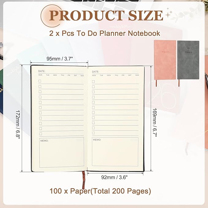 PATIKIL 2Pcs Planner Notebook, A6 100 Sheets Undated to Do List Daily Weekly Monthly Goals Tracker Pocket Notebook for Office Study Time Management Fitness Weeding, Pink/Grey