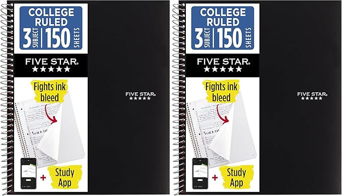 Five Star Spiral Notebook + Study App, 3 Subject, College Ruled Paper, Fights Ink Bleed, Water Resistant Cover, 8-1/2" x 11", 150 Sheets, Black (72069) (Pack of 2)