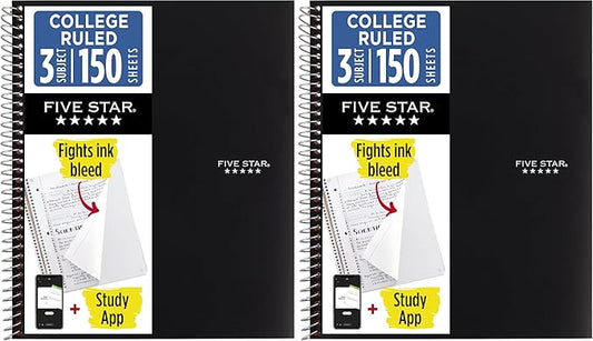 Five Star Spiral Notebook + Study App, 3 Subject, College Ruled Paper, Fights Ink Bleed, Water Resistant Cover, 8-1/2" x 11", 150 Sheets, Black (72069) (Pack of 2)
