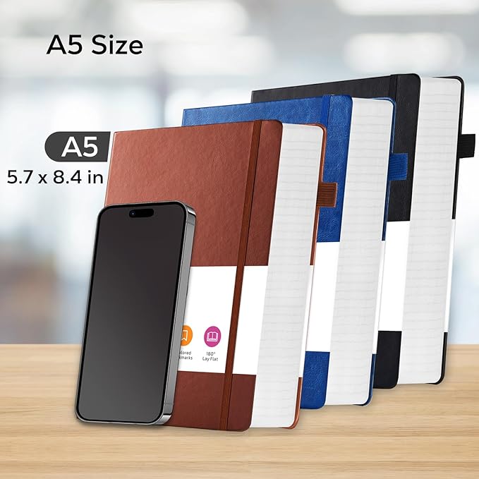 FOCUS DAY 3 Pack Journal Notebook, 320 Pages A5 Lined Notebook Journal Set for Work Writing, Hardcover Leather Bound Notebooks Bulk for Women Men Office School, 5.7'' X 8.4'', Multicolor