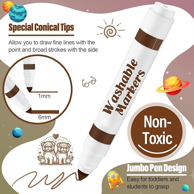 24 Pcs Washable Markers Bulk Broad Line Markers Coloring Conical Tip Large pens for Kids art projects, Teachers, Students, Toddlers, Party Favors, Classrooms, Donations(Brown)