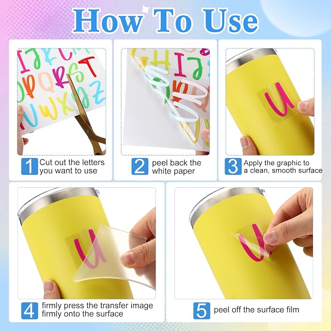 Humyoun UV DTF Cup Wrap Letter Stickers Vinyl Decals,Multicolor,6 Sheets | Personalized Name Stickers for Water Bottles Tumblers, Waterproof UV DTF Alphabet A-Z Stickers for 14-41oz Mugs DIY Craft