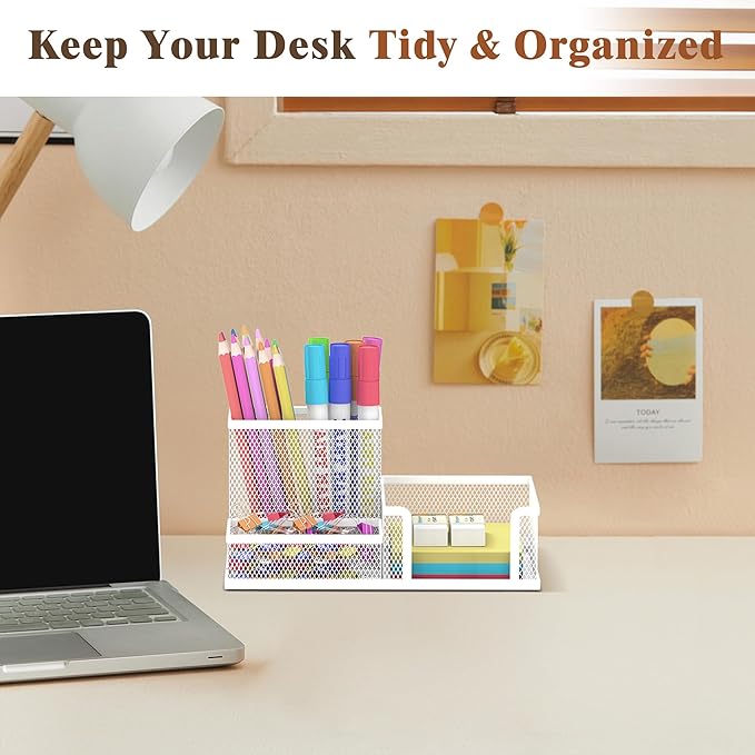 SUPEASY Pen Holder Desk Organizer, Office Supplies Pencil Holder with 3 Compartments, Desk Accessories and Workspace Organizers for Home School Classroom, White