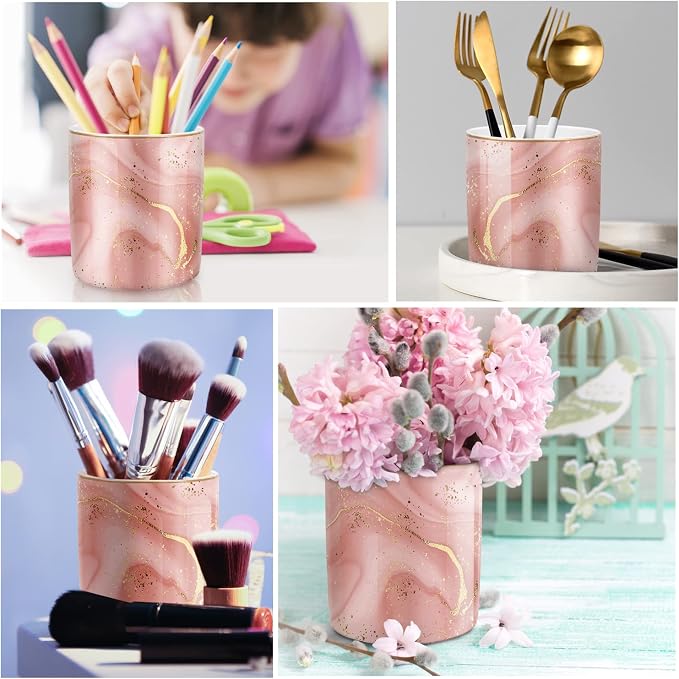 Large Capacity Colored Pen Holder for Desk, Ceramic Pencil Holder Pen Cup Marker Holder Makeup Brush Holders, Desk Accessories & Workspace Organizers for Home, Office, Red Marble
