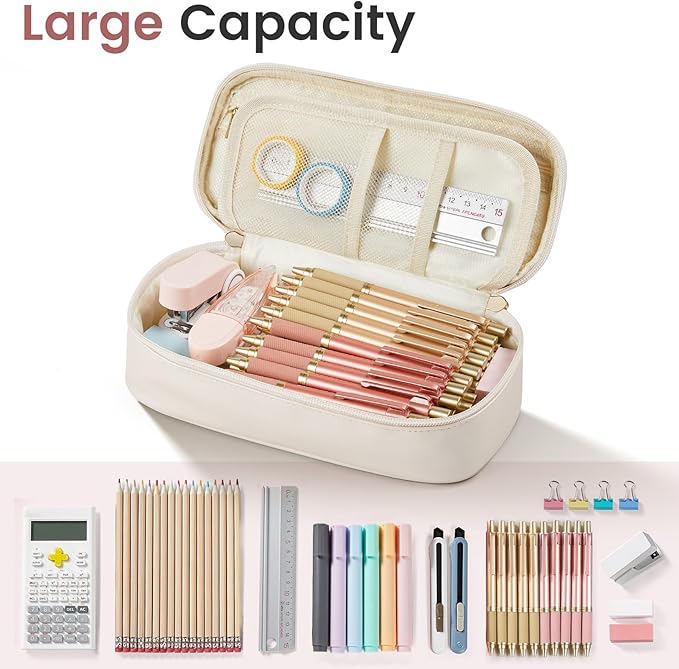 Sooez PU Pencil Case, High Capacity Pencil Bag, Aesthetic Pen Pouch with zipper, 3 Compartment Pen Bag Wide Opening, Portable Stationery Storage and Organizer, School Supplies for Teen, Purple