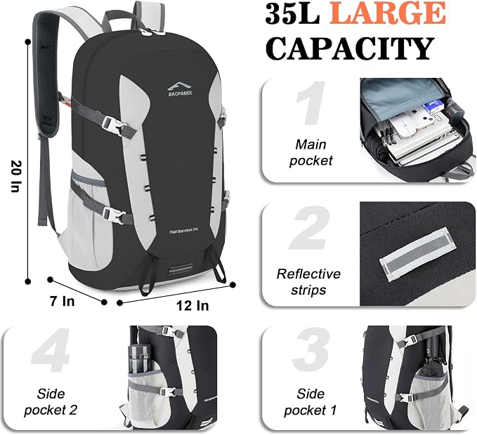BAGPARKK 35L Ultra Lightweight Foldable Packable Hiking Backpack | Travel Backpack, Survival Whistle, Water-Resistant, Camping Daypack, Outdoor Sports, 0.88 pounds, Men & Women